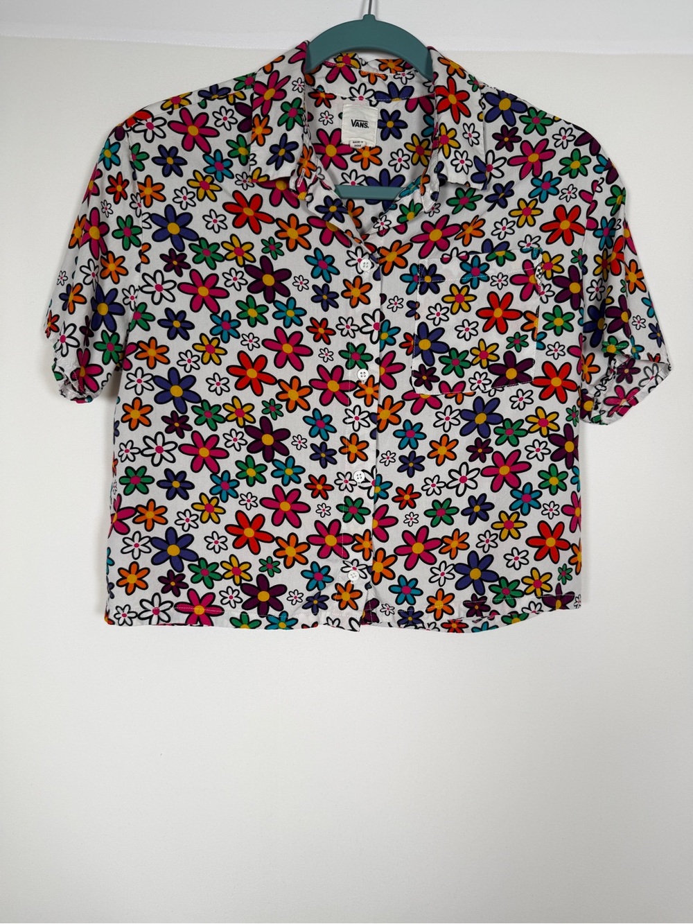 Vans White Crop Button-Up Top with Multicolor Pop Art Floral Print
